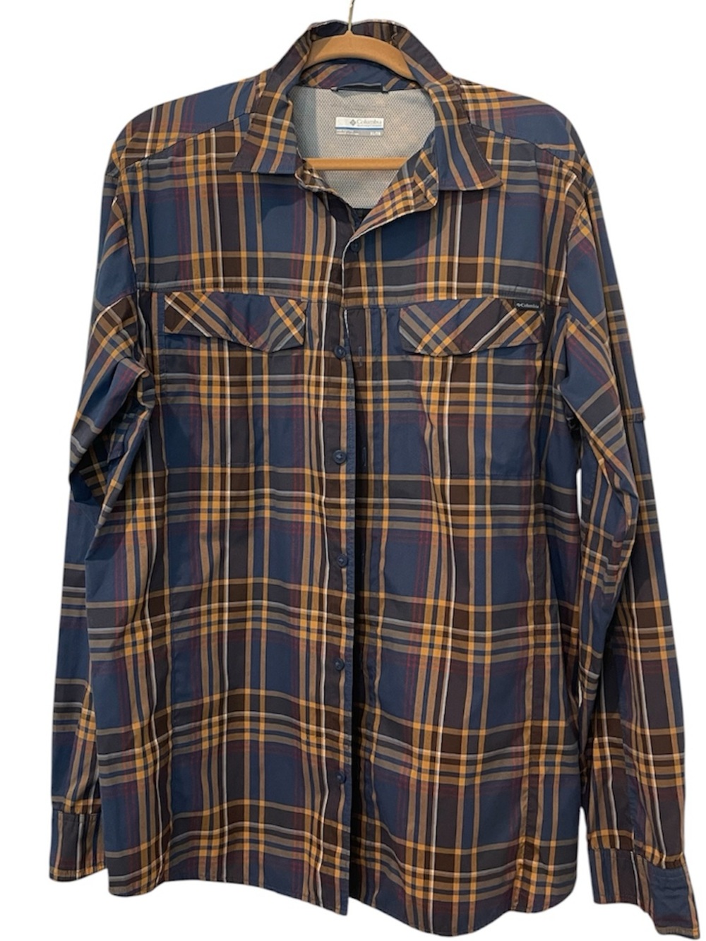 Columbia | Omni Shade Navy Yellow Plaid Long Sleeve Fishing Vented Shirt XL
